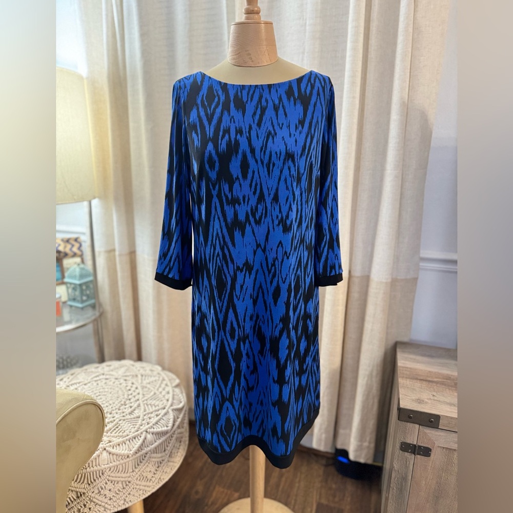 Calvin Klein Blue and Black Sheath Dress with Bateau Neckline